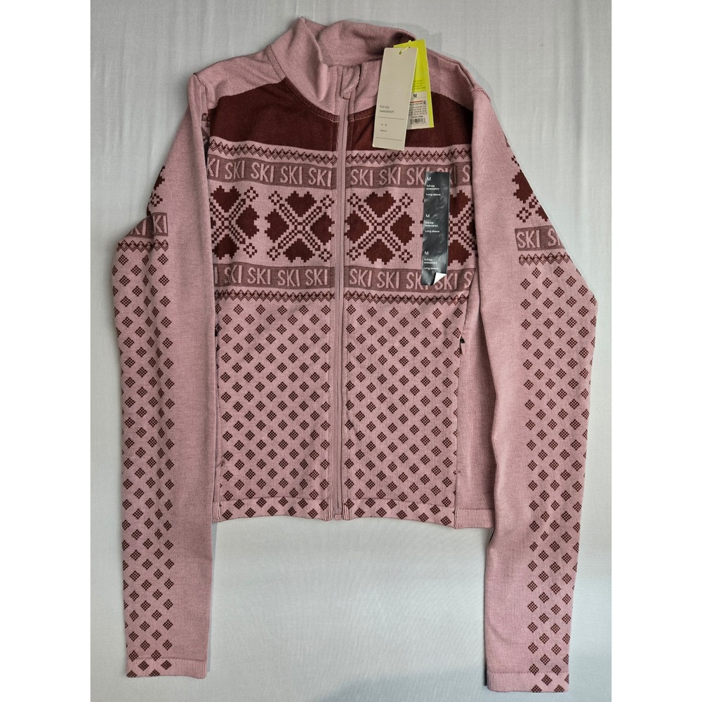 All in Motion Womens Pink Fair Isle SKI Full Zip Sweatshirt Seamless Mock Neck M